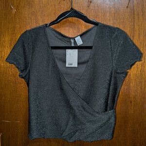H&M Black Sparkly Faux Wrap Crop Top Medium NWT